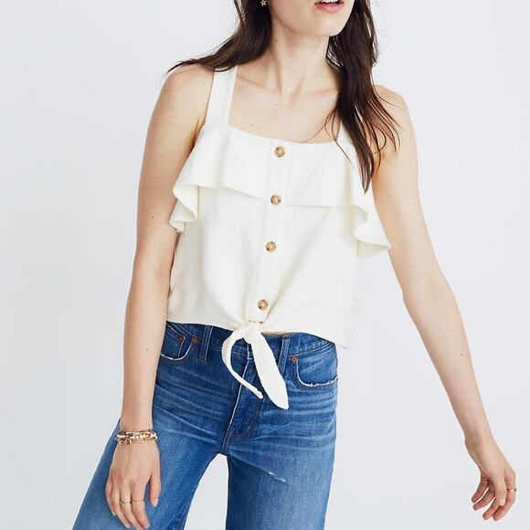 Madewell Tops - Madewell Texture & Thread White Ruffle Button Down Front Tie Tank Top Size XS